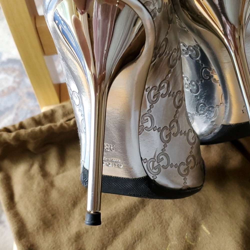 Gucci Silver GG Leather Shiny 4 inch Hill Open Toe - Picture 10 of 16